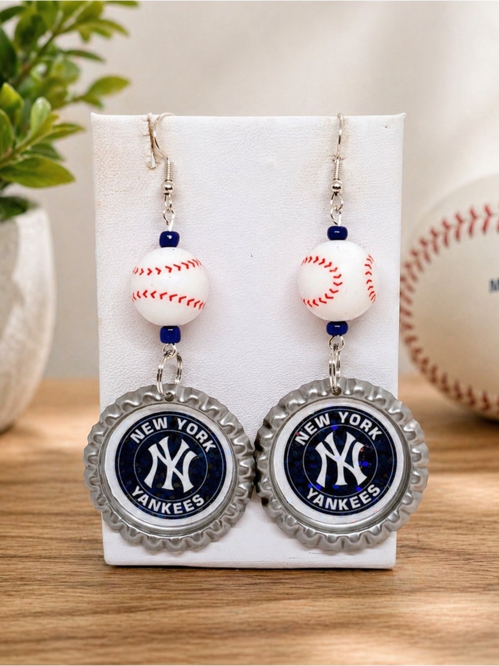 New York Yankees Inspired Baseball Bottle Cap Dangle Earrings - White & Navy